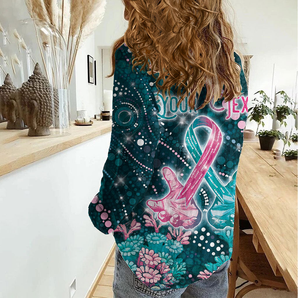 Personalised Hereditary Cancer Support Women Casual Shirt Hope Ribbon With Aussie Teal Duncan Coral