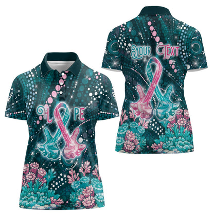 Personalised Hereditary Cancer Support Women Polo Shirt Hope Ribbon With Aussie Teal Duncan Coral