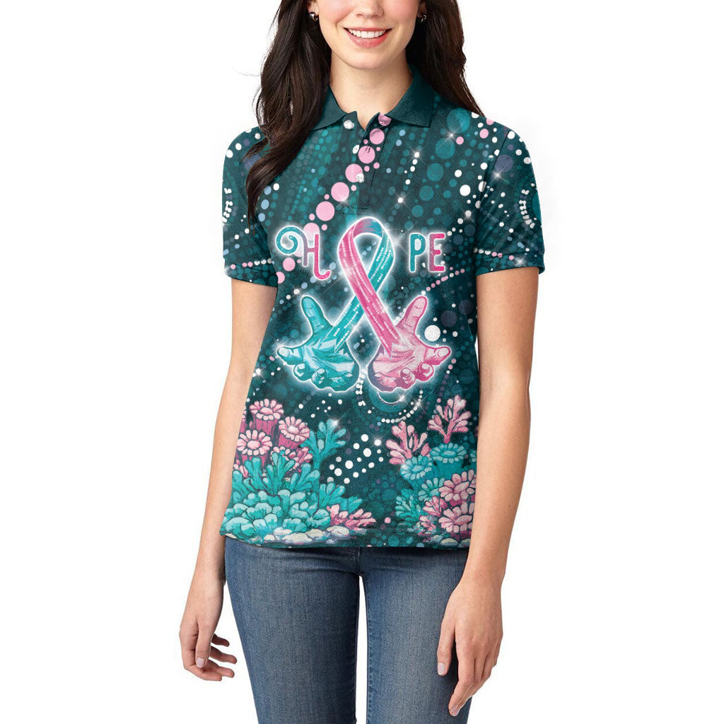 Personalised Hereditary Cancer Support Women Polo Shirt Hope Ribbon With Aussie Teal Duncan Coral