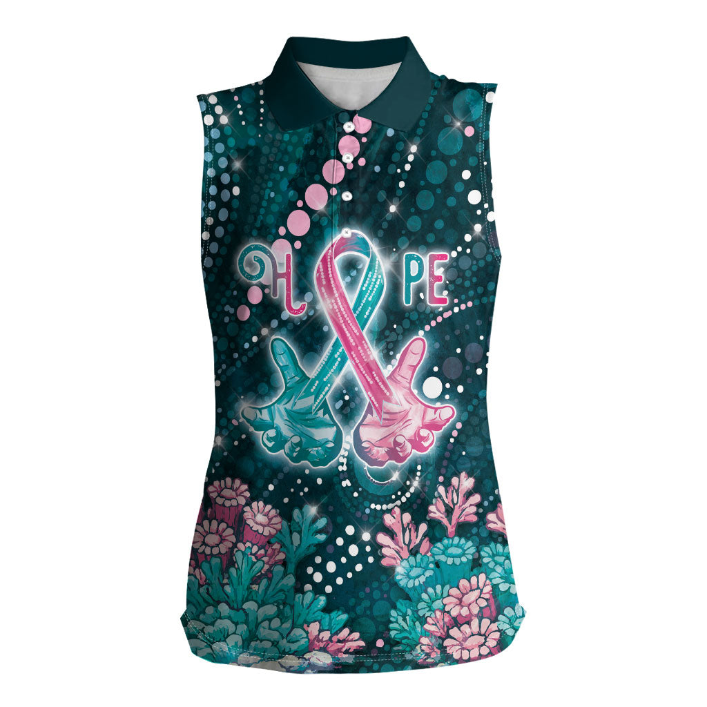 Personalised Hereditary Cancer Support Women Sleeveless Polo Shirt Hope Ribbon With Aussie Teal Duncan Coral