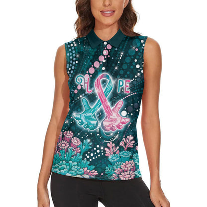 Personalised Hereditary Cancer Support Women Sleeveless Polo Shirt Hope Ribbon With Aussie Teal Duncan Coral