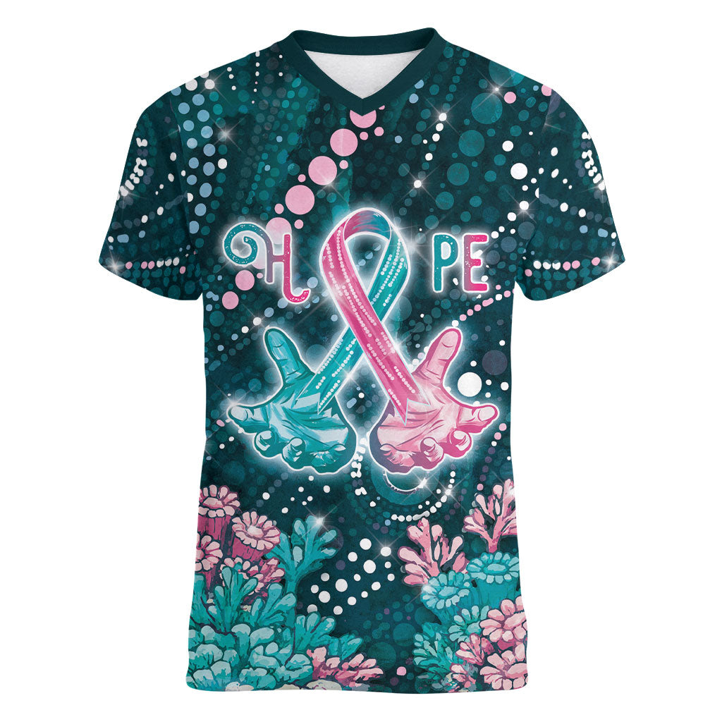 Personalised Hereditary Cancer Support Women V-Neck T-Shirt Hope Ribbon With Aussie Teal Duncan Coral