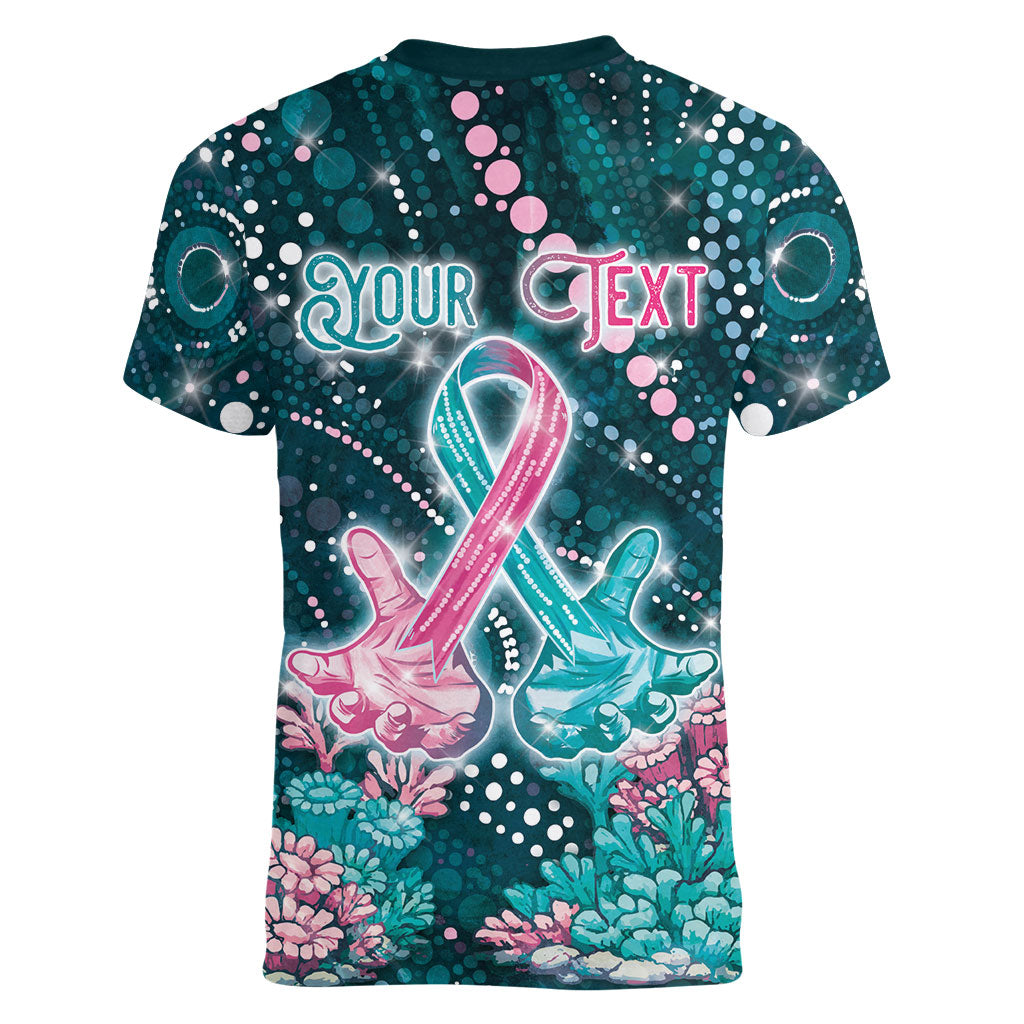 Personalised Hereditary Cancer Support Women V-Neck T-Shirt Hope Ribbon With Aussie Teal Duncan Coral