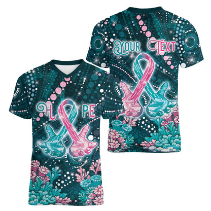 Personalised Hereditary Cancer Support Women V-Neck T-Shirt Hope Ribbon With Aussie Teal Duncan Coral