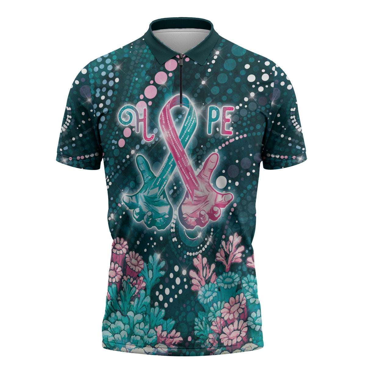 Personalised Hereditary Cancer Support Zipper Polo Shirt Hope Ribbon With Aussie Teal Duncan Coral
