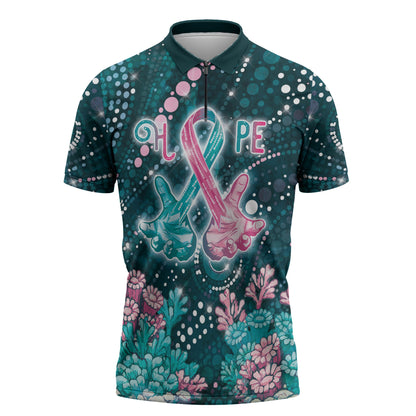 Personalised Hereditary Cancer Support Zipper Polo Shirt Hope Ribbon With Aussie Teal Duncan Coral