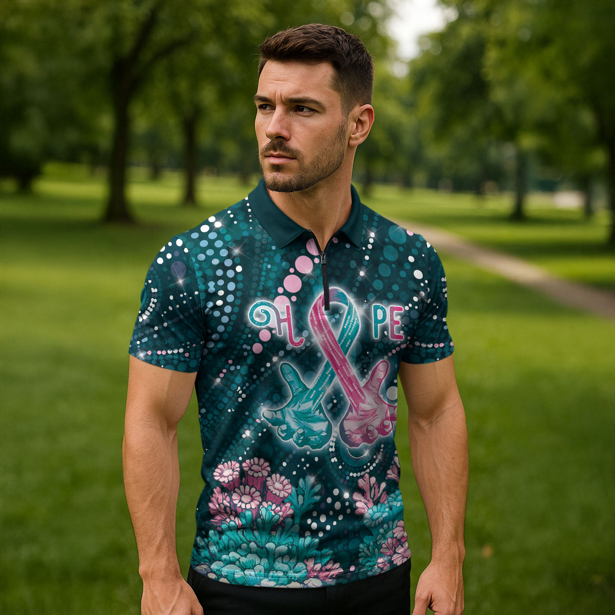 Personalised Hereditary Cancer Support Zipper Polo Shirt Hope Ribbon With Aussie Teal Duncan Coral
