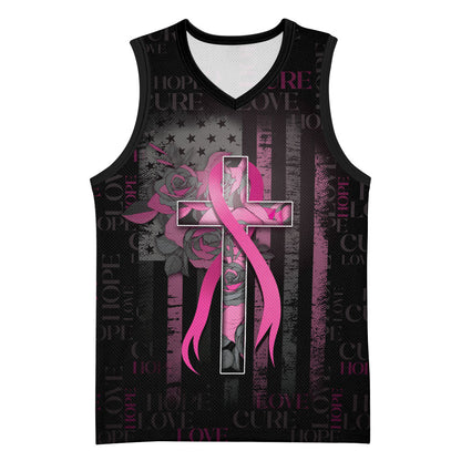 Personalized American Breast Cancer Support Basketball Jersey Hope And Cure Cross