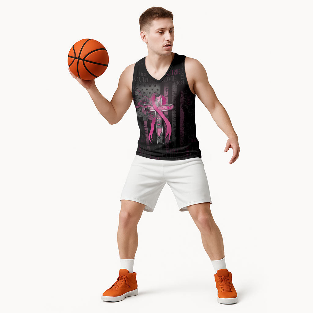 Personalized American Breast Cancer Support Basketball Jersey Hope And Cure Cross