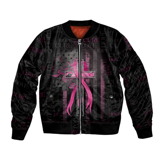 Personalized American Breast Cancer Support Bomber Jacket Hope And Cure Cross