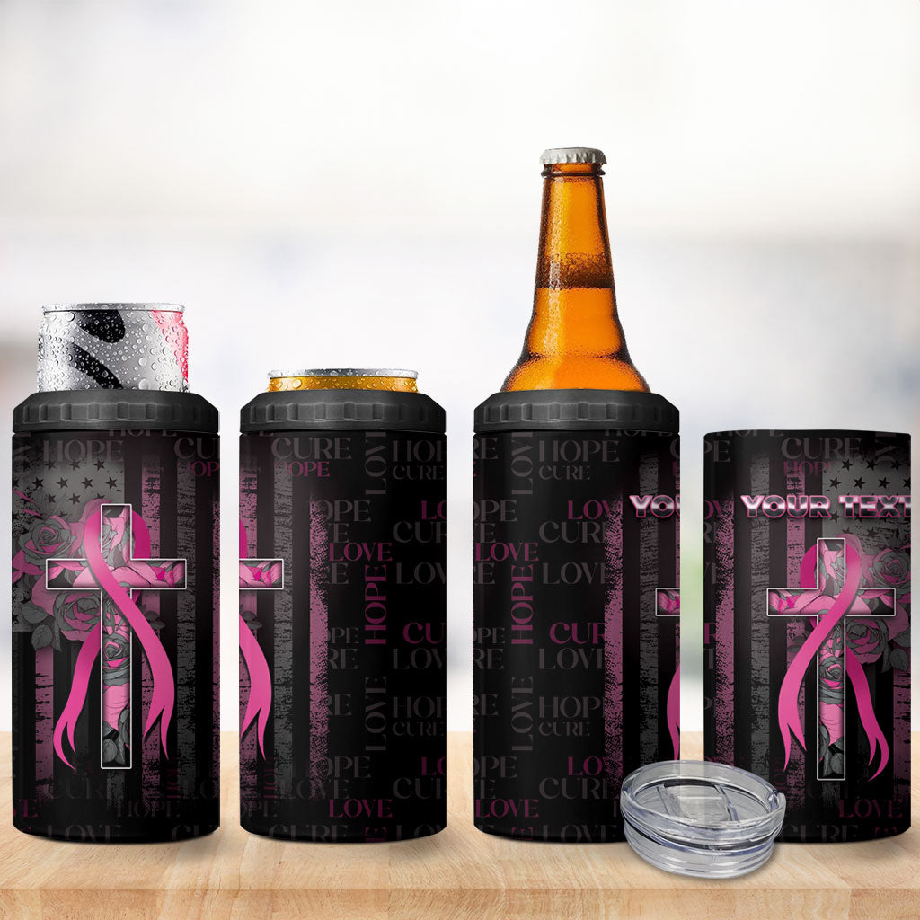 Personalized American Breast Cancer Support 4 in 1 Can Cooler Tumbler Hope And Cure Cross