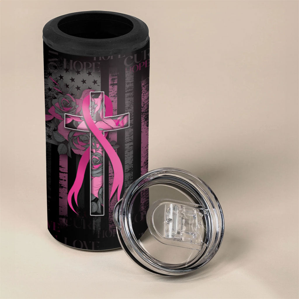 Personalized American Breast Cancer Support 4 in 1 Can Cooler Tumbler Hope And Cure Cross