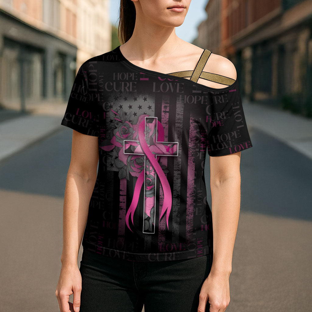 Personalized American Breast Cancer Support Cross Shoulder Shirt Hope And Cure Cross