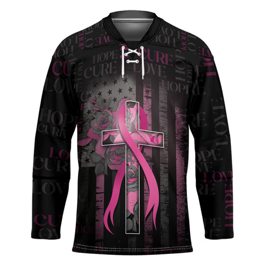 Personalized American Breast Cancer Support Hockey Jersey Hope And Cure Cross