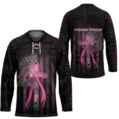 Personalized American Breast Cancer Support Hockey Jersey Hope And Cure Cross