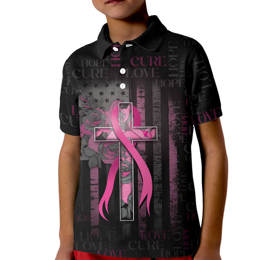 Personalized American Breast Cancer Support Kid Polo Shirt Hope And Cure Cross