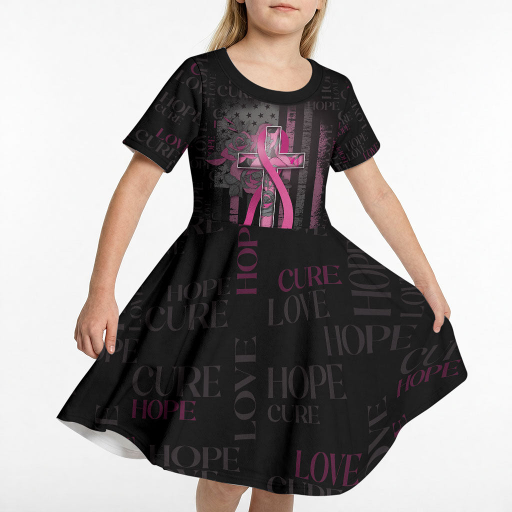 Personalized American Breast Cancer Support Kid Short Sleeve Dress Hope And Cure Cross