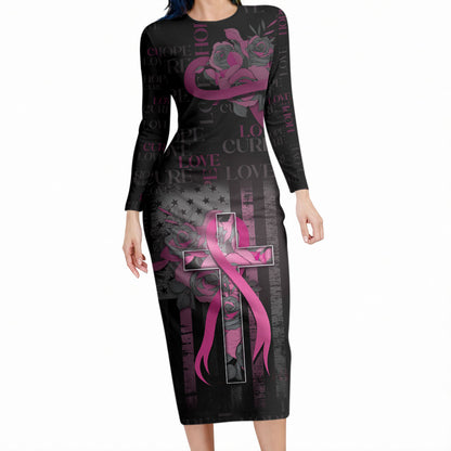 Personalized American Breast Cancer Support Long Sleeve Bodycon Dress Hope And Cure Cross