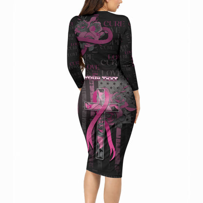 Personalized American Breast Cancer Support Long Sleeve Bodycon Dress Hope And Cure Cross