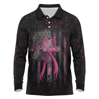Personalized American Breast Cancer Support Long Sleeve Polo Shirt Hope And Cure Cross