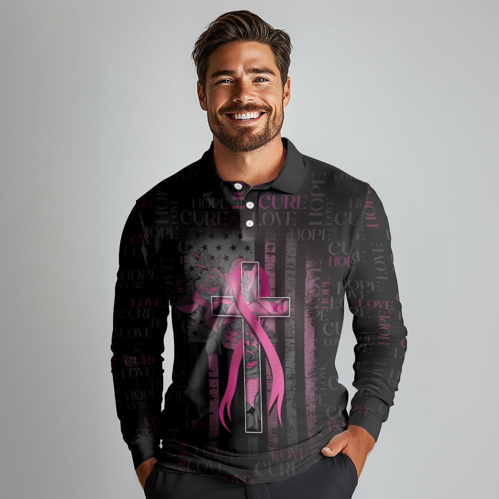 Personalized American Breast Cancer Support Long Sleeve Polo Shirt Hope And Cure Cross