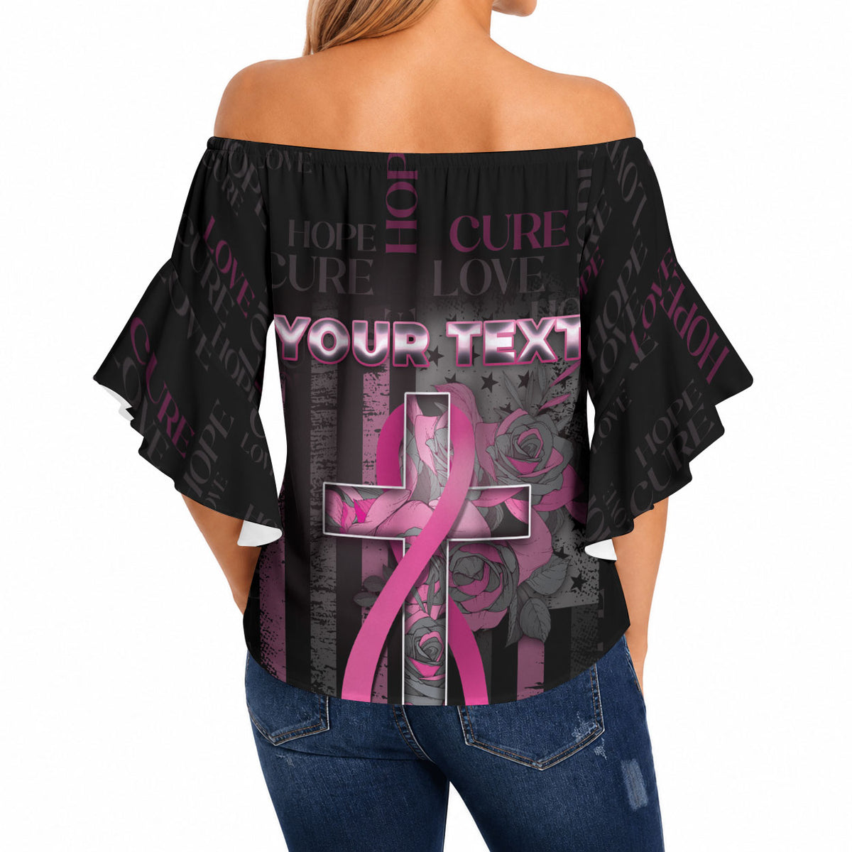 Personalized American Breast Cancer Support Off Shoulder Wrap Waist Top Hope And Cure Cross