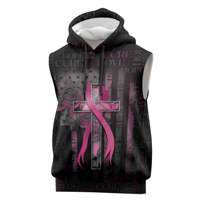Personalized American Breast Cancer Support Sleeveless Hoodie Hope And Cure Cross