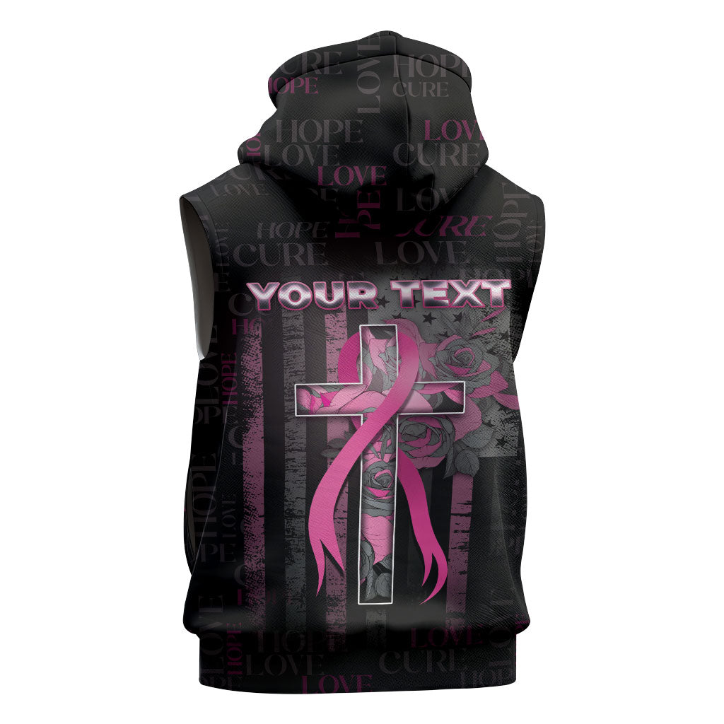 Personalized American Breast Cancer Support Sleeveless Hoodie Hope And Cure Cross