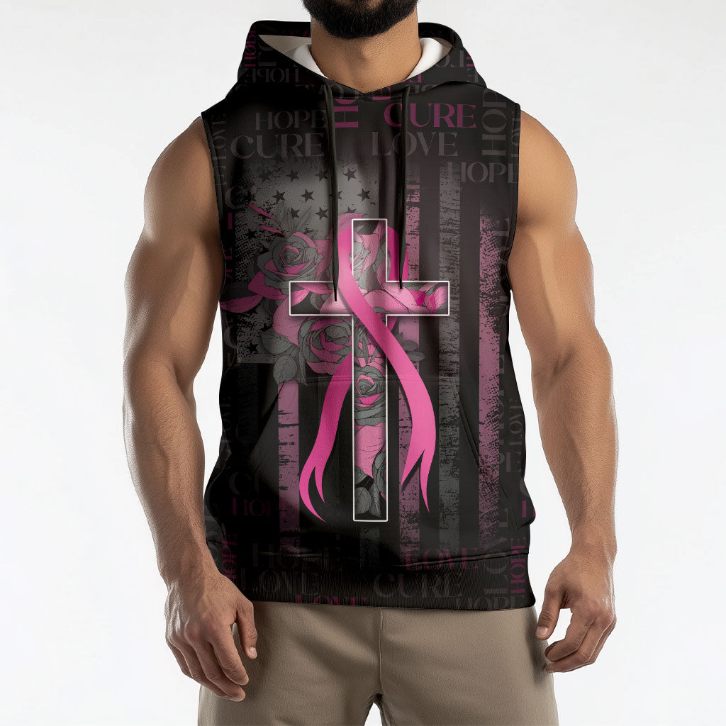 Personalized American Breast Cancer Support Sleeveless Hoodie Hope And Cure Cross