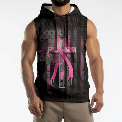 Personalized American Breast Cancer Support Sleeveless Hoodie Hope And Cure Cross