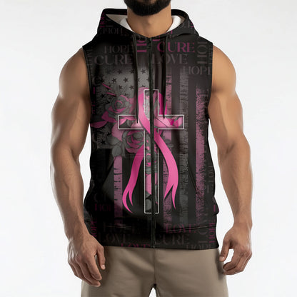 Personalized American Breast Cancer Support Sleeveless Zip Hoodie Hope And Cure Cross