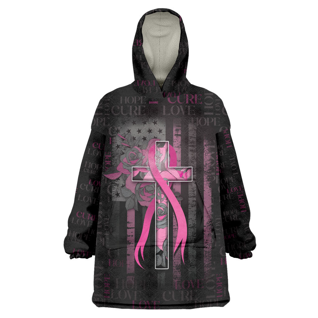 Personalized American Breast Cancer Support Wearable Blanket Hoodie Hope And Cure Cross