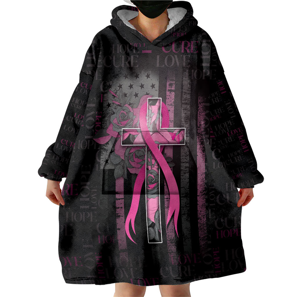 Personalized American Breast Cancer Support Wearable Blanket Hoodie Hope And Cure Cross