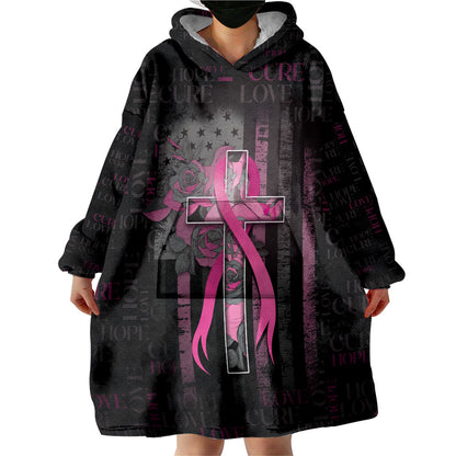 Personalized American Breast Cancer Support Wearable Blanket Hoodie Hope And Cure Cross