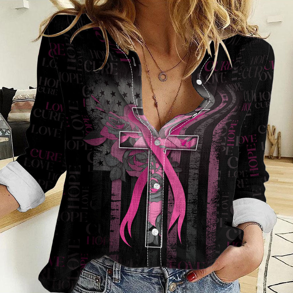 Personalized American Breast Cancer Support Women Casual Shirt Hope And Cure Cross