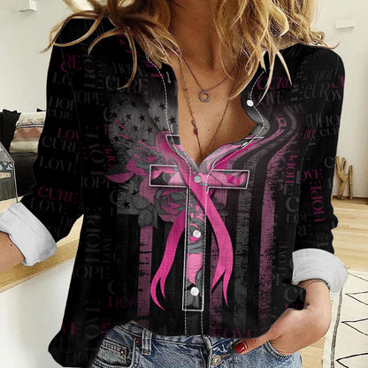 Personalized American Breast Cancer Support Women Casual Shirt Hope And Cure Cross