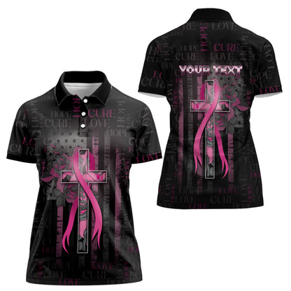 Personalized American Breast Cancer Support Women Polo Shirt Hope And Cure Cross