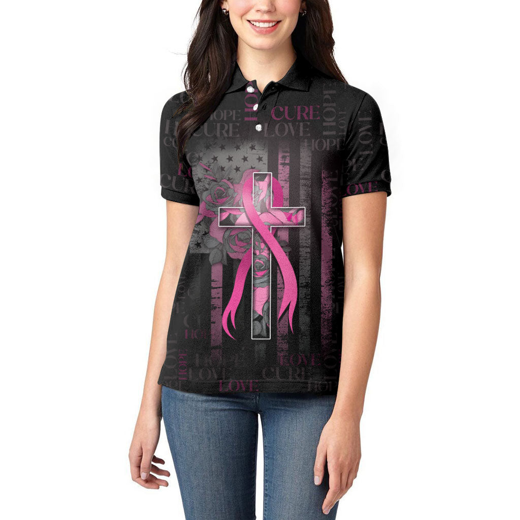 Personalized American Breast Cancer Support Women Polo Shirt Hope And Cure Cross