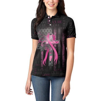 Personalized American Breast Cancer Support Women Polo Shirt Hope And Cure Cross