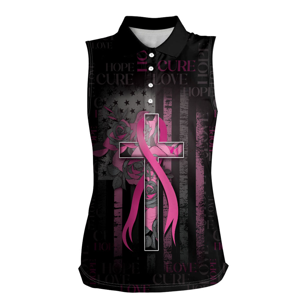 Personalized American Breast Cancer Support Women Sleeveless Polo Shirt Hope And Cure Cross