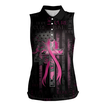 Personalized American Breast Cancer Support Women Sleeveless Polo Shirt Hope And Cure Cross