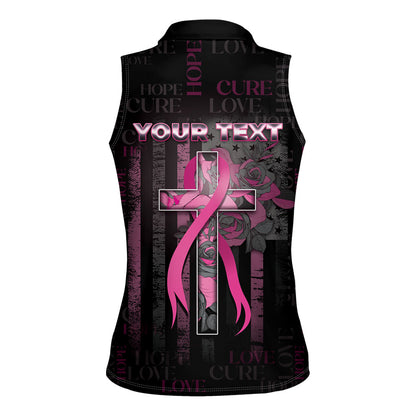 Personalized American Breast Cancer Support Women Sleeveless Polo Shirt Hope And Cure Cross