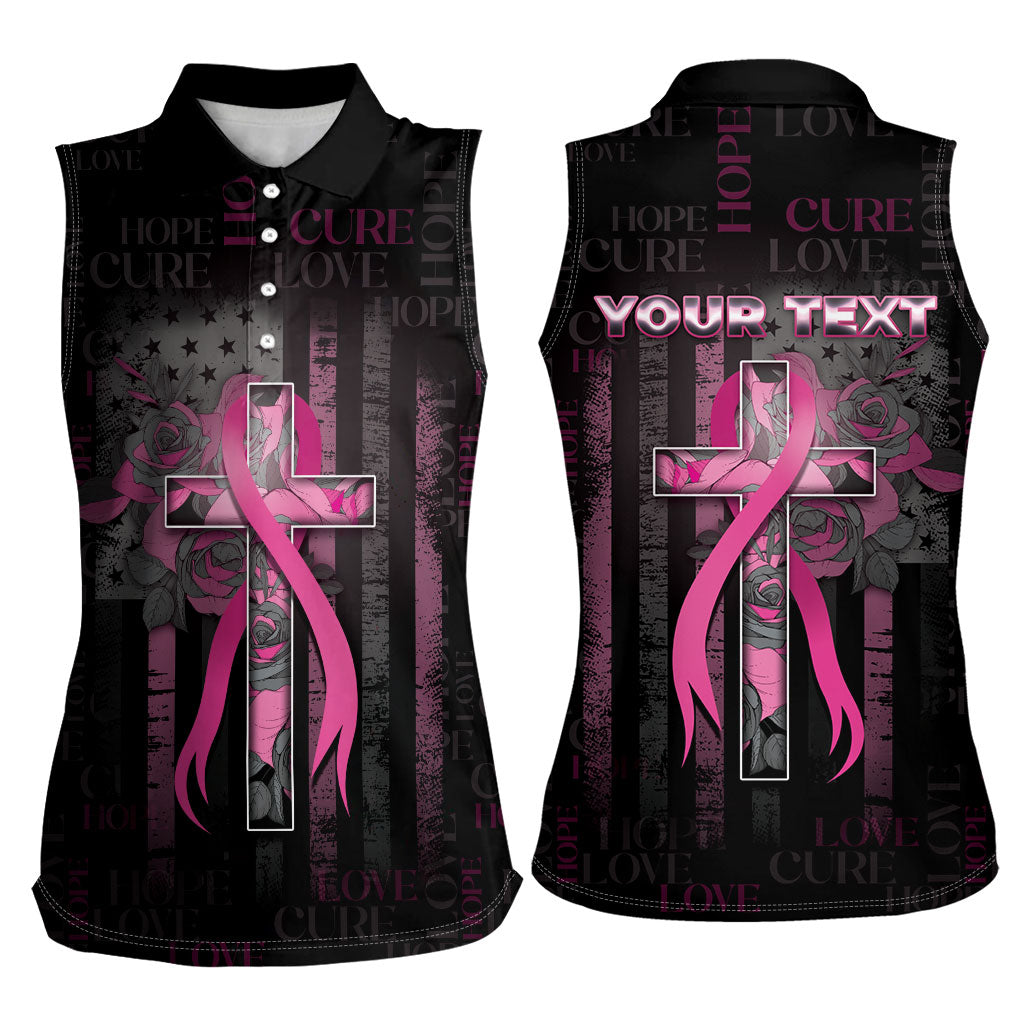 Personalized American Breast Cancer Support Women Sleeveless Polo Shirt Hope And Cure Cross