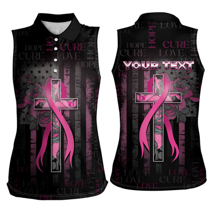 Personalized American Breast Cancer Support Women Sleeveless Polo Shirt Hope And Cure Cross
