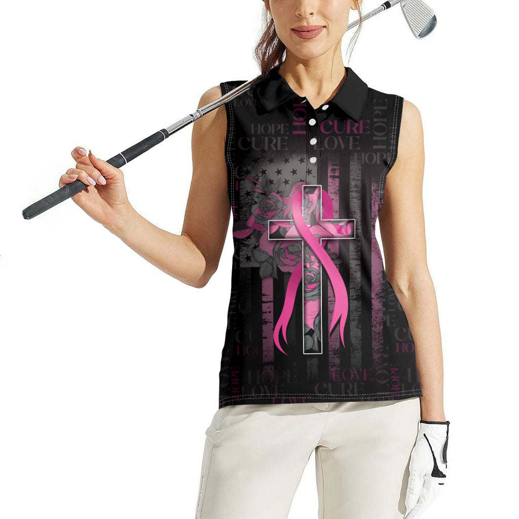 Personalized American Breast Cancer Support Women Sleeveless Polo Shirt Hope And Cure Cross