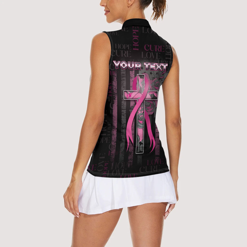 Personalized American Breast Cancer Support Women Sleeveless Polo Shirt Hope And Cure Cross