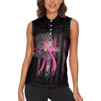 Personalized American Breast Cancer Support Women Sleeveless Polo Shirt Hope And Cure Cross