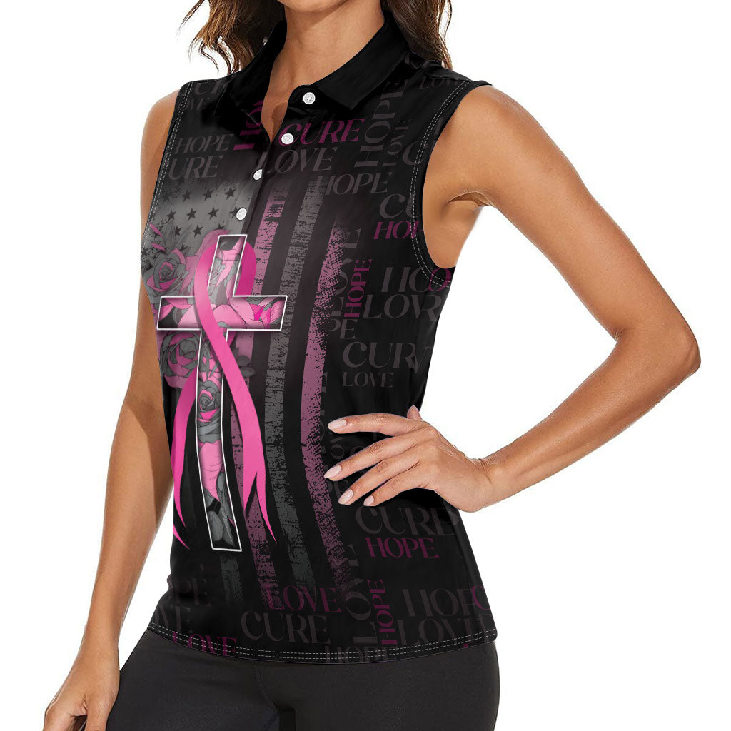 Personalized American Breast Cancer Support Women Sleeveless Polo Shirt Hope And Cure Cross