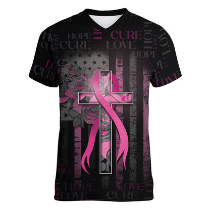 Personalized American Breast Cancer Support Women V-Neck T-Shirt Hope And Cure Cross
