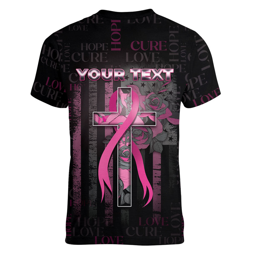 Personalized American Breast Cancer Support Women V-Neck T-Shirt Hope And Cure Cross
